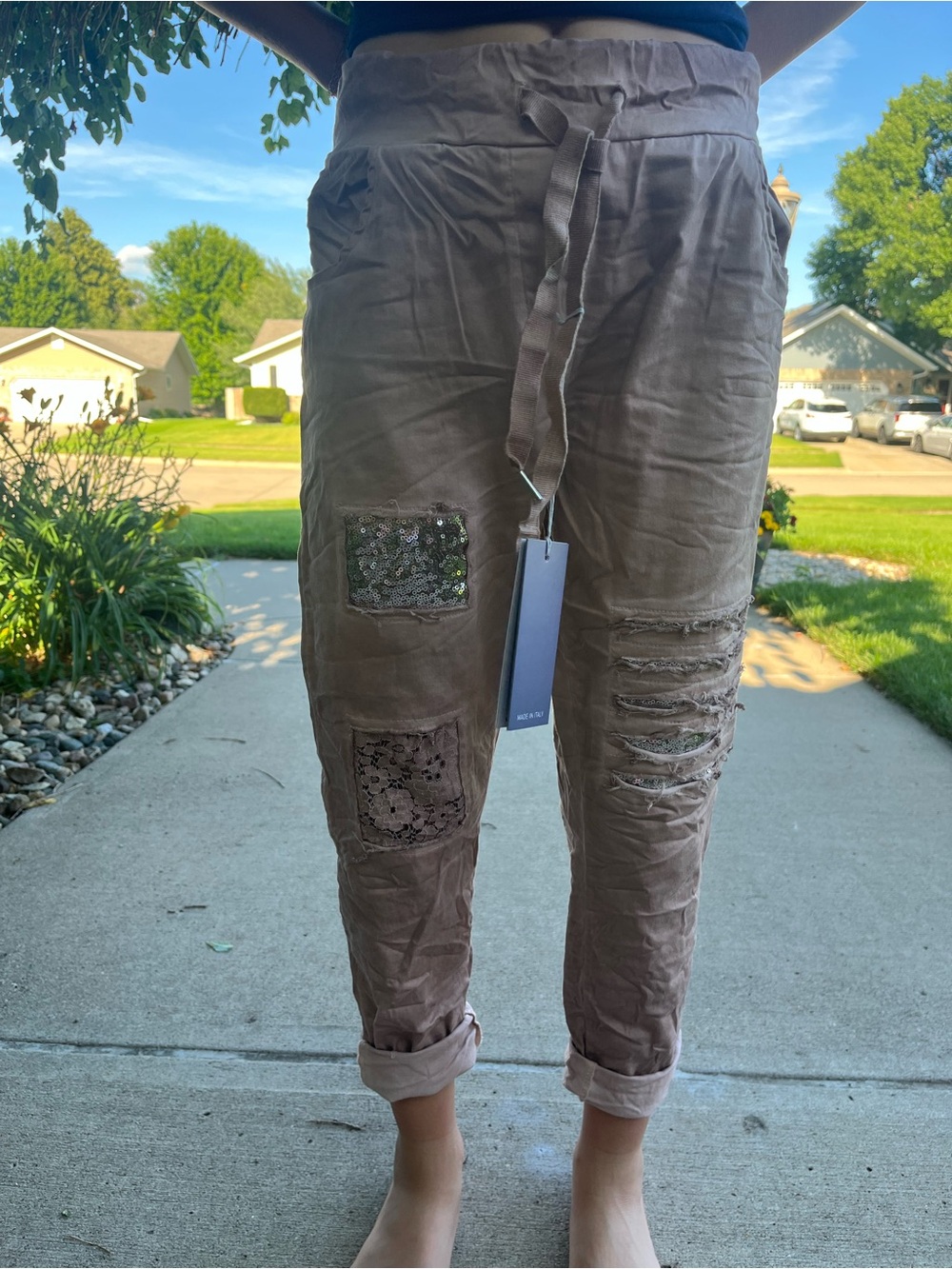 Grey Violet Made in Italy Sequin Lace Patch Distressed Jogger Pants NWT S/M